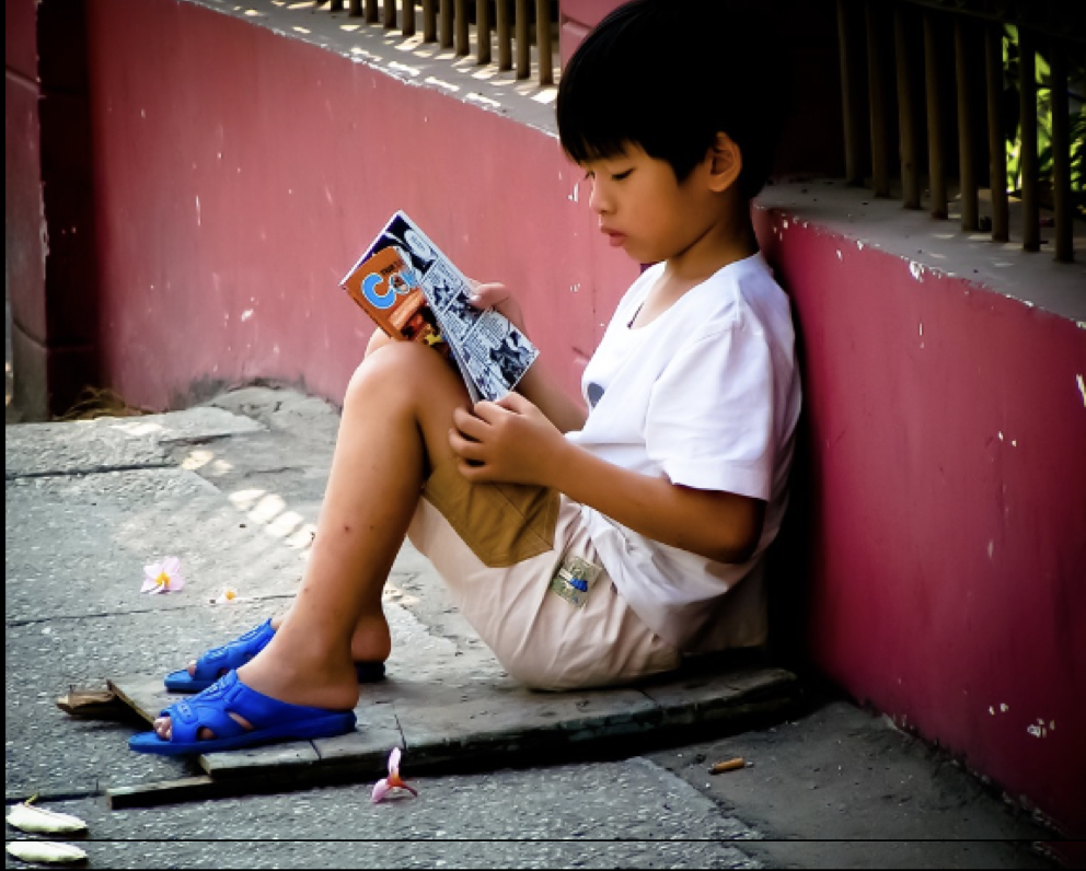 A boy reading a comic magazine