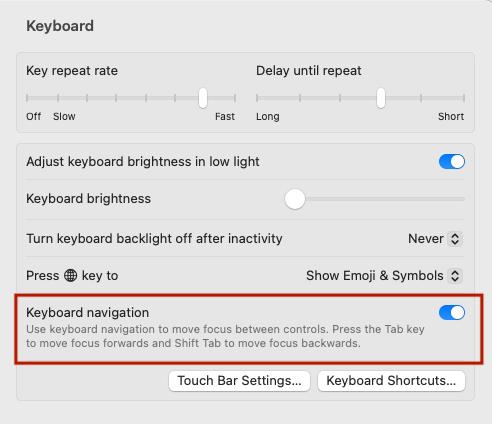 Screenshot on how to enable keyboard navigation in the MacOS settings