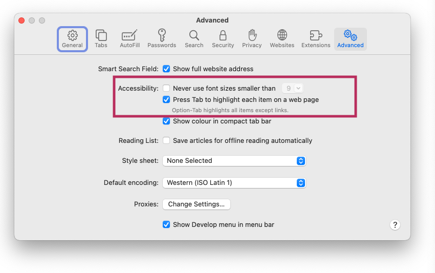 Screenshot of how to set highlighting focus in Safari