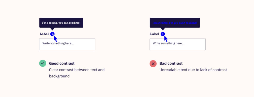An example of two tooltips. On the left is a good tooltip that has clear colour contrast that meets the WCAG standards; on the right is a bad tooltip that has poor colour contrast and is difficult to read.