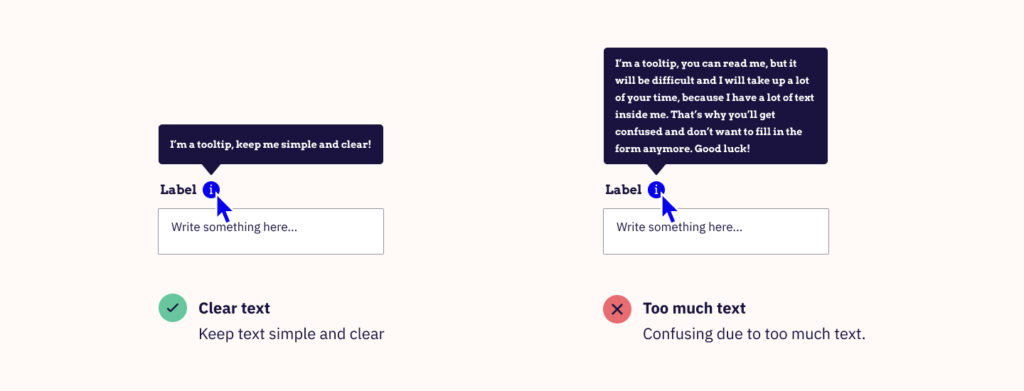 An example of two tooltips. On the left is a good tooltip that has short, clear, descriptive text; on the right is a bad tooltip that has too much text.