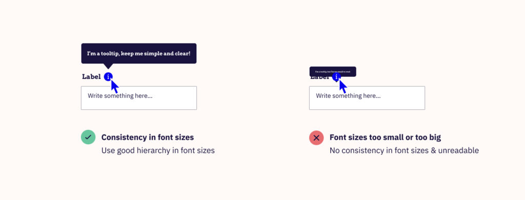 An example of two tooltips. On the left is a good tooltip with a legible font size; on the right is a bad tooltip that has a font size that is too small.