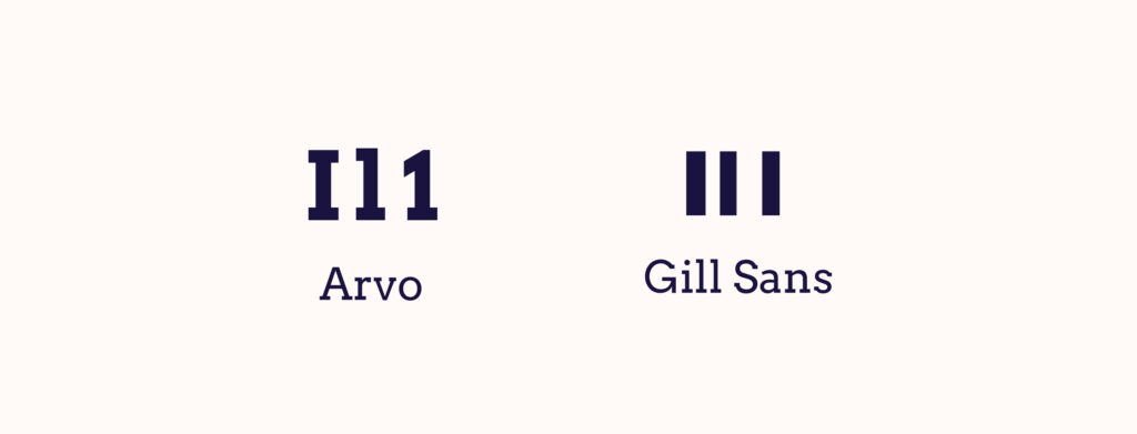Example of a font with imposter letter shapes comparing the text "I L 1" to an accessible one. The inaccessible font, Gill Sans, shows the same stripe shape three times. The accessible font, Arvo, shows a distinctive difference between the three letters. 