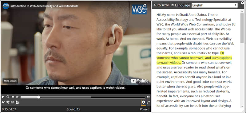 Example of interactive transcripts on a video by W3C WAI