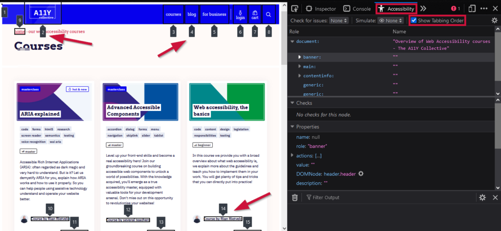 Showing the tabbing order from the browser inspector.