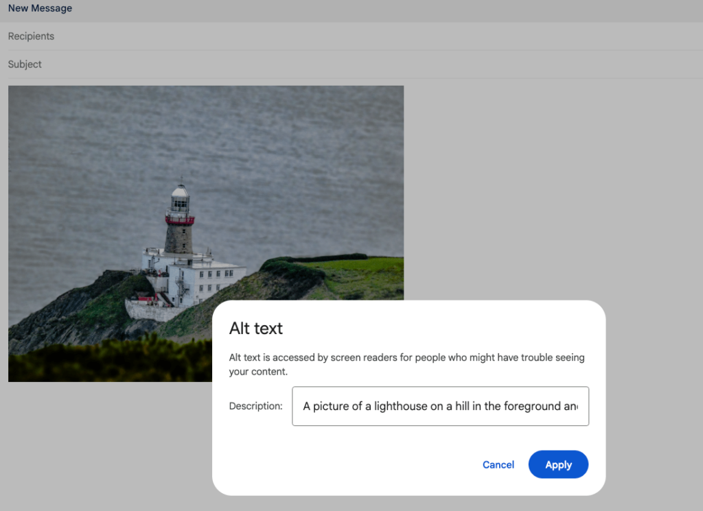 Gmail UI: how to add alt text to a picture in an email