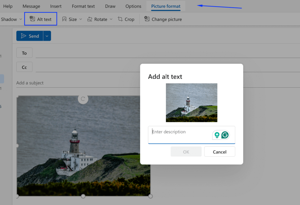 Microsoft Outlook UI: how to add alt text to a picture in an email