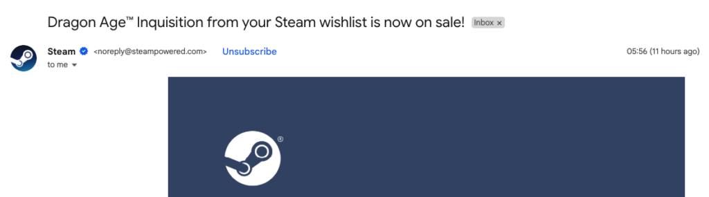 Screenshot of an email by Steam with the subject line: “Dragon Age™ Inquisition from your Steam wishlist is now on sale!”
