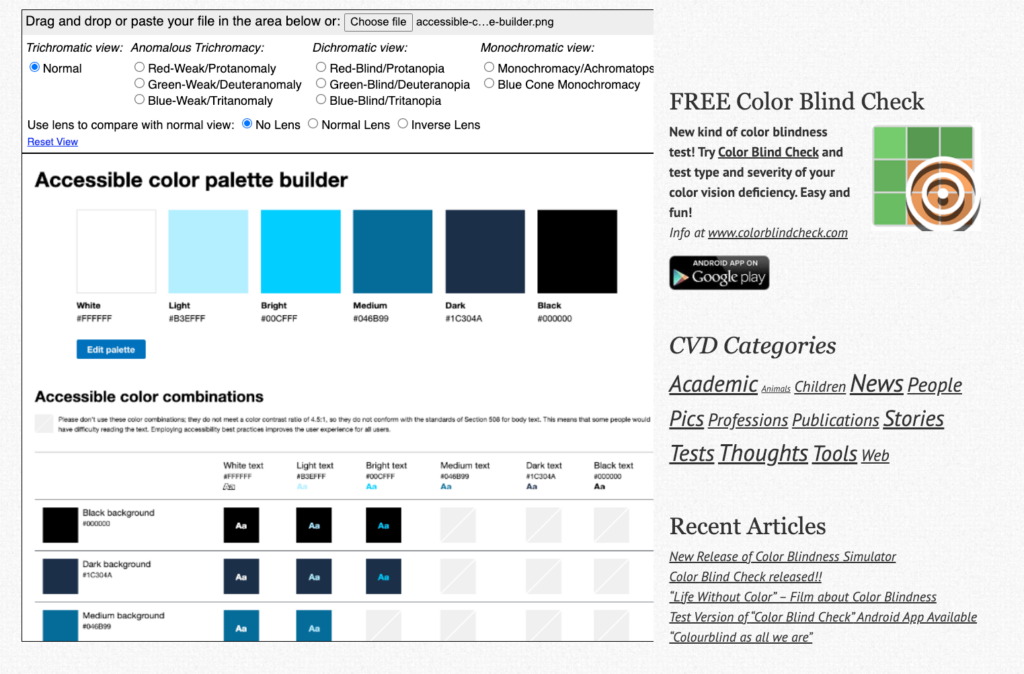 Using the Coblis tool to see a colour palette through the lens of different types of colour blindness