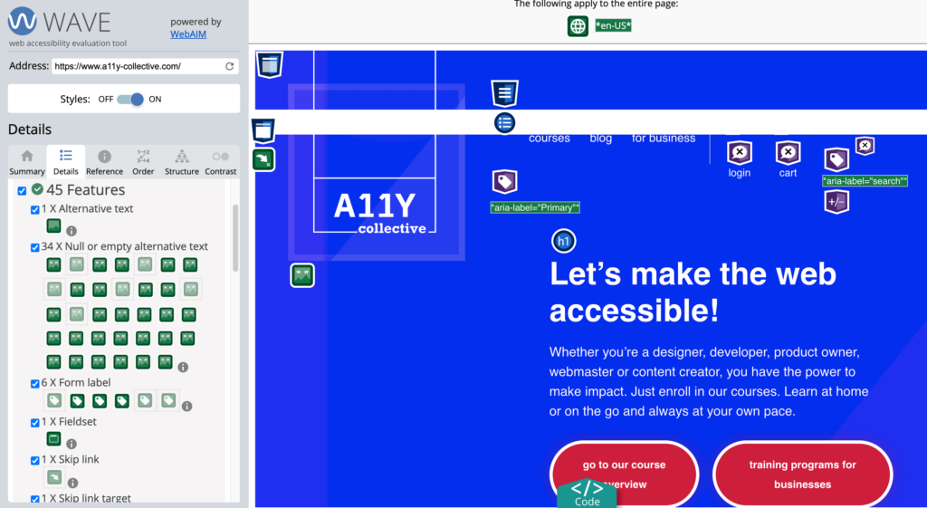 Testing The A11Y Collective homepage with the WAVE testing tool