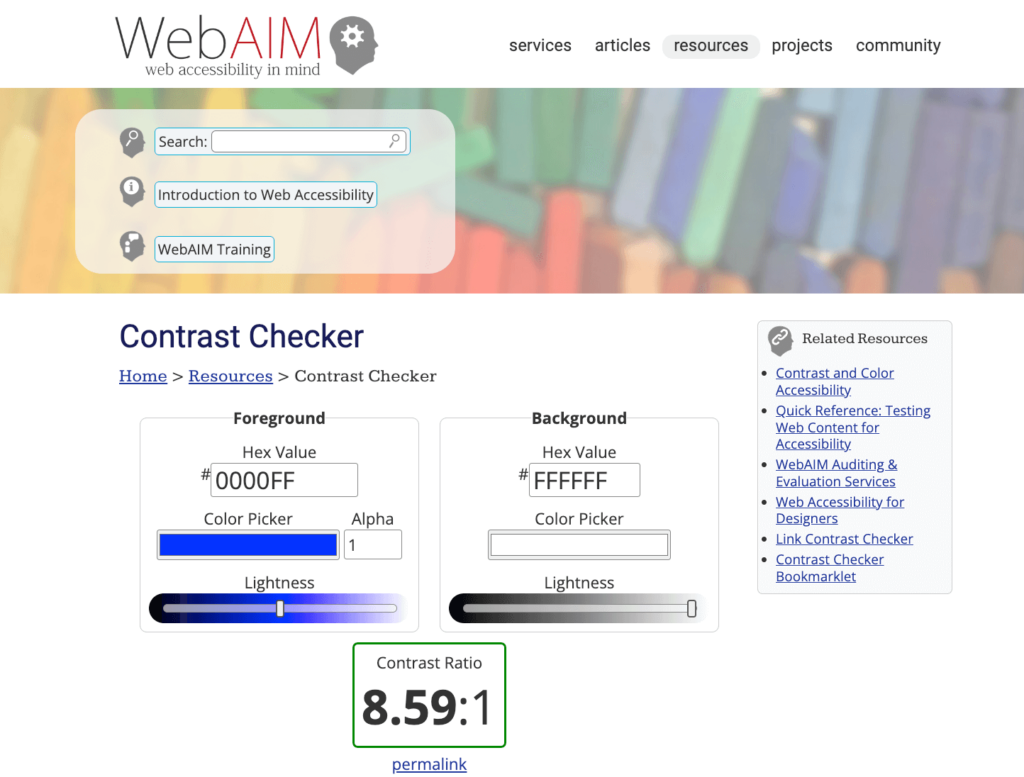 Checking the contrast of text and background with WebAIM's Contrast Checker