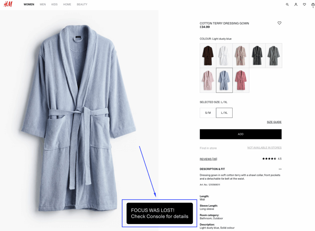 Example of the focus lost bookmarklet signalling an issue on a web page