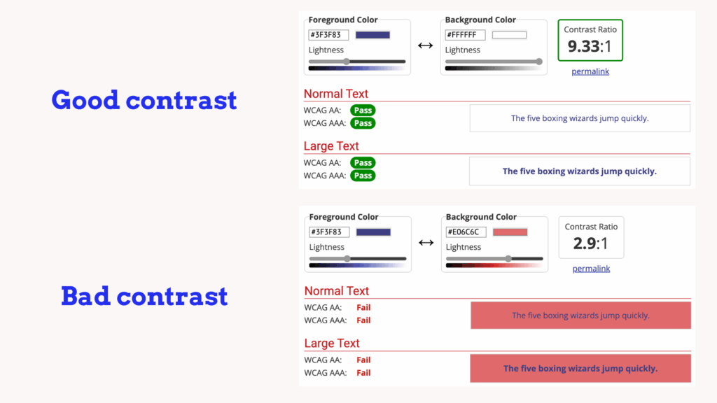 Example of good and bad colour contrast check
