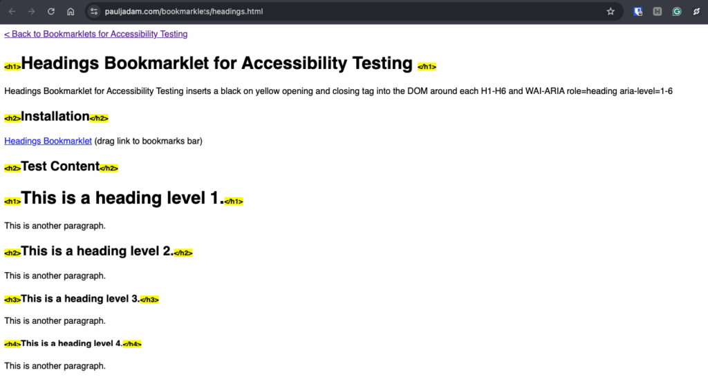 Example of the heading hierarchy bookmarklet