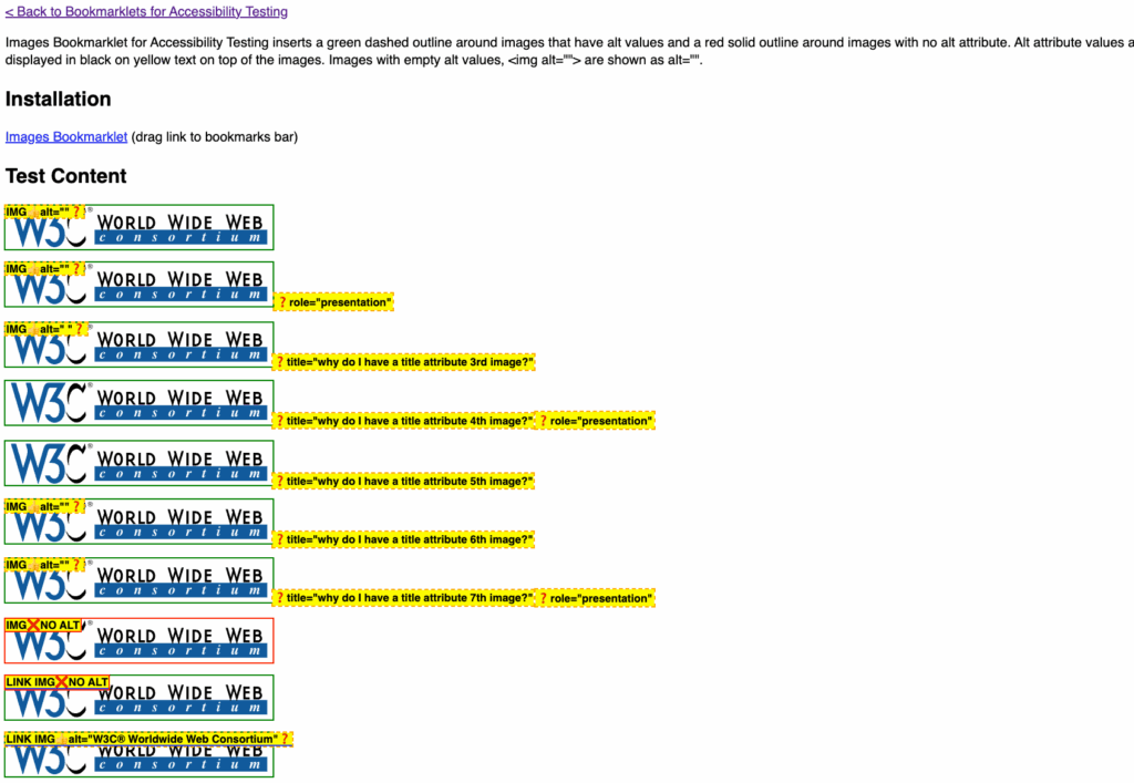 Examples of the halt text on images bookmarklet in action