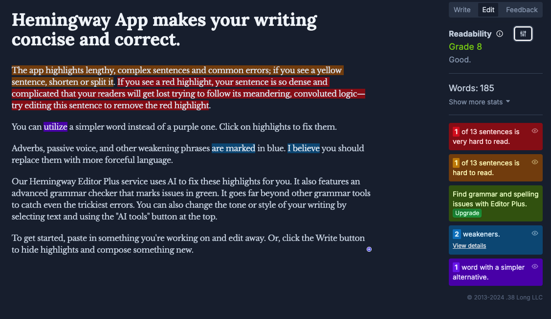 Example of how the Hemingway editor checks a piece of text for readability