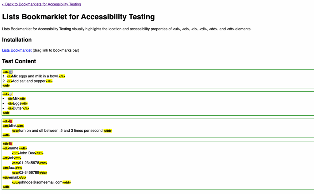 Example of the accessible lists bookmarklet